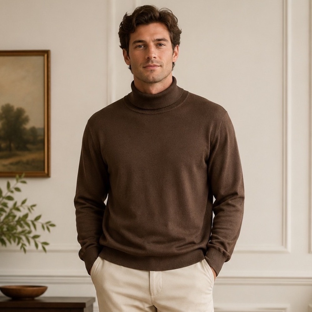 Paul Fredrick Mens Brown Silk Cotton Cashmere Turtleneck Old Money Sweater XL
